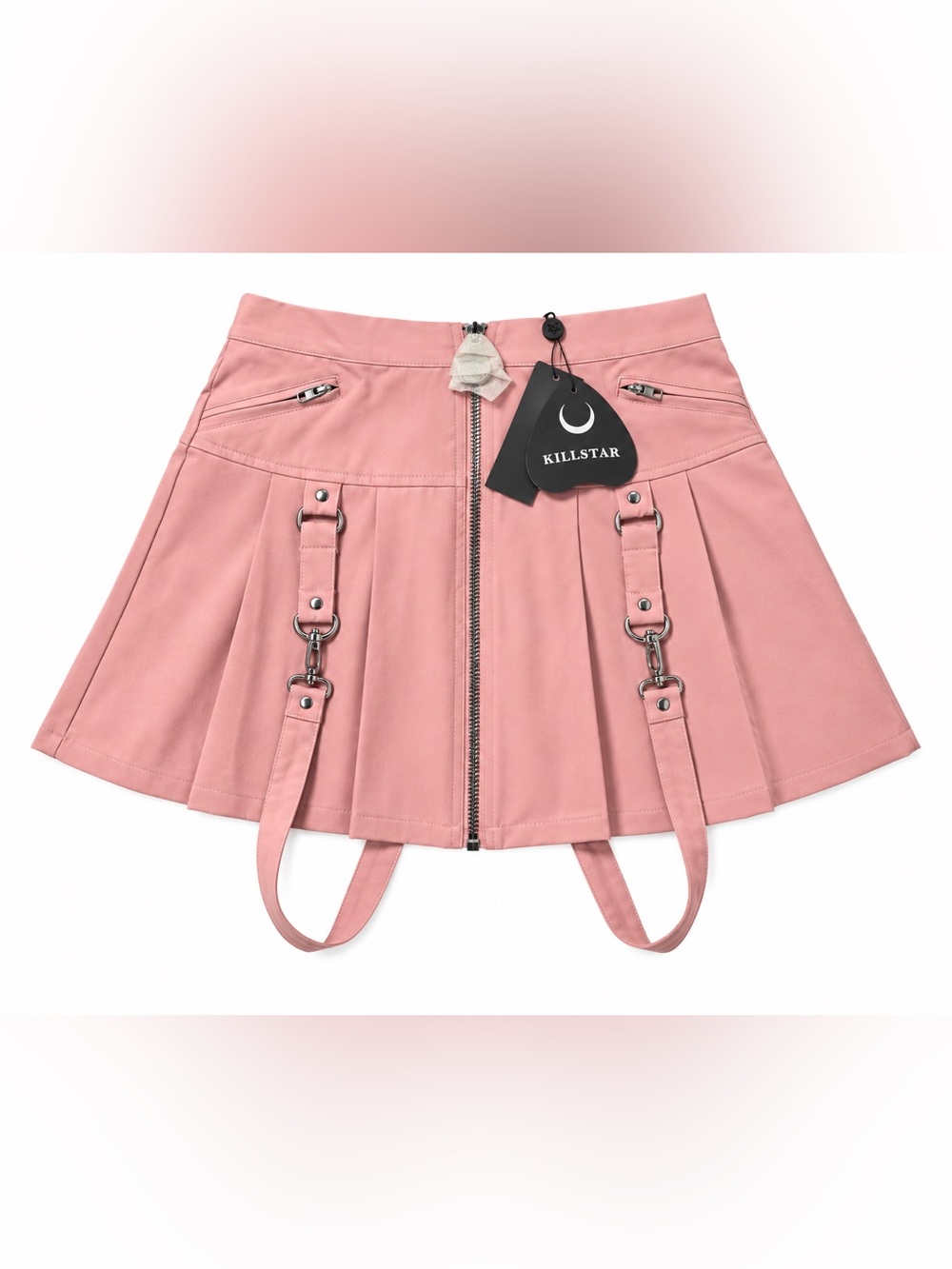 Killstar Blaire B*tch Mini Skirt XL Steel Pink Suspenders Pleated Goth NWT